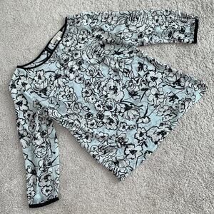 LOFT Blue Floral Pattern Sheer Button Back Blouse Sz S